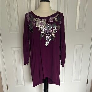Purple 3/4 Sleeve Tunic with Sequin Embellishments